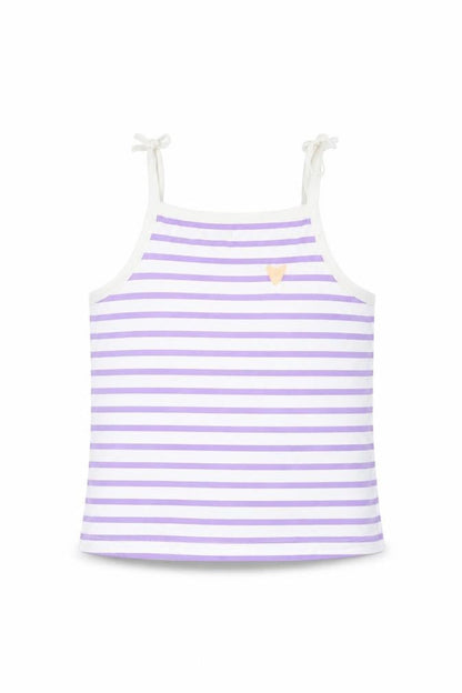 Front view of Marks & Spencer girls’ purple striped cotton basic tank, size 2-3, years square neck pullover
