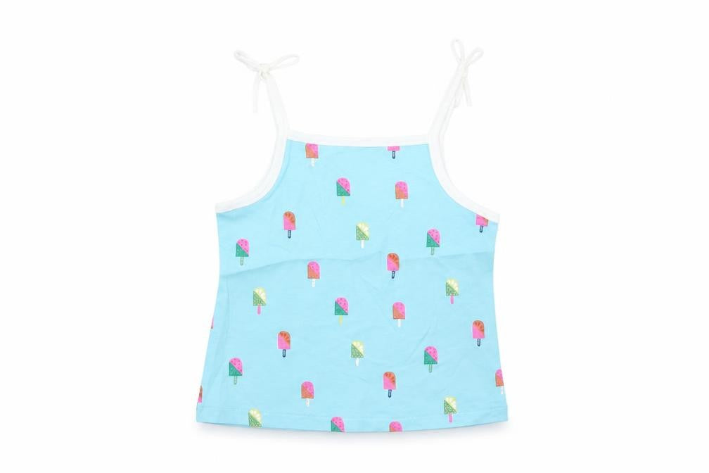 Front view of Marks & Spencer girls’ blue geometric cotton basic tank, size 2-3, years square neck pullover