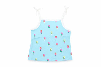 Front view of Marks & Spencer girls’ blue geometric cotton basic tank, size 2-3, years square neck pullover