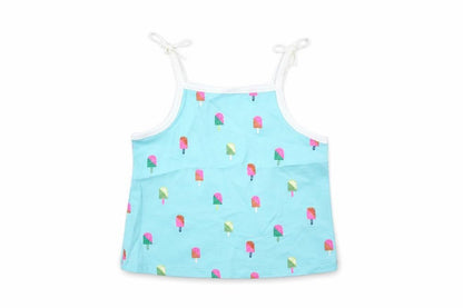Front view of Marks & Spencer girls’ blue geometric cotton basic tank, size 2-3, years square neck pullover
