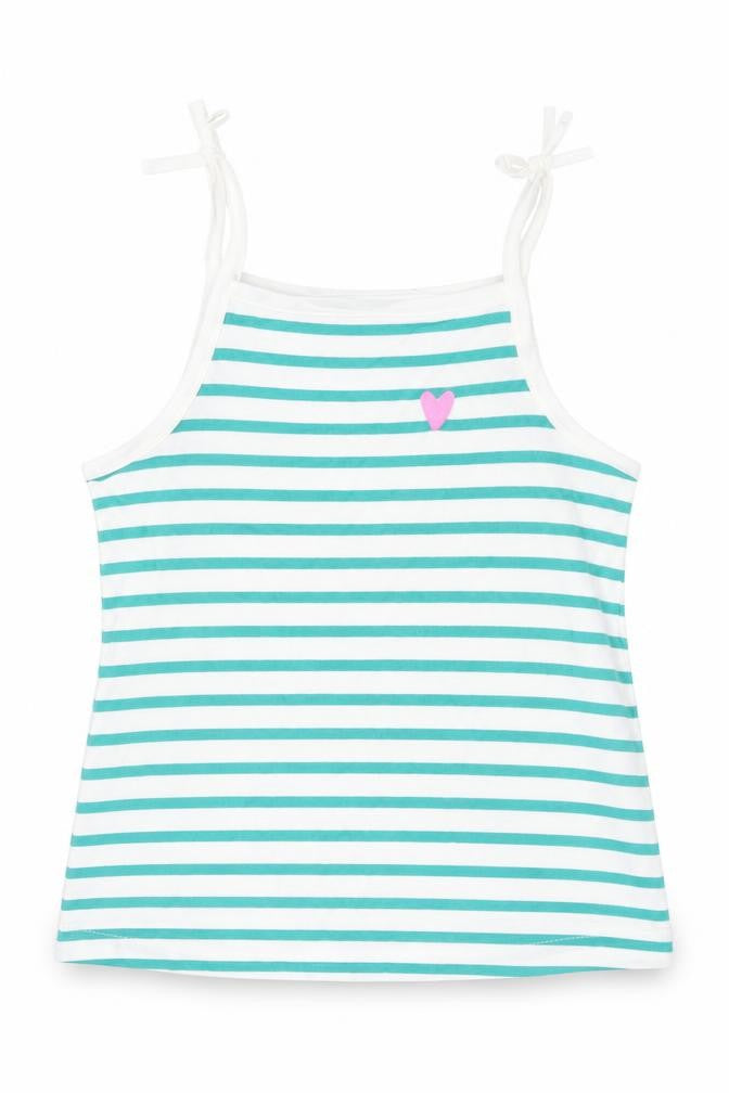 Front view of Marks & Spencer girls’ green striped cotton basic tank, size 2-3, years square neck pullover