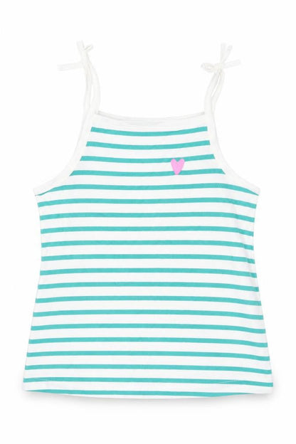 Front view of Marks & Spencer girls’ green striped cotton basic tank, size 2-3, years square neck pullover
