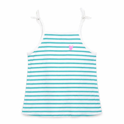 Front view of Marks & Spencer girls’ green striped cotton basic tank, size 3-4, years square neck pullover