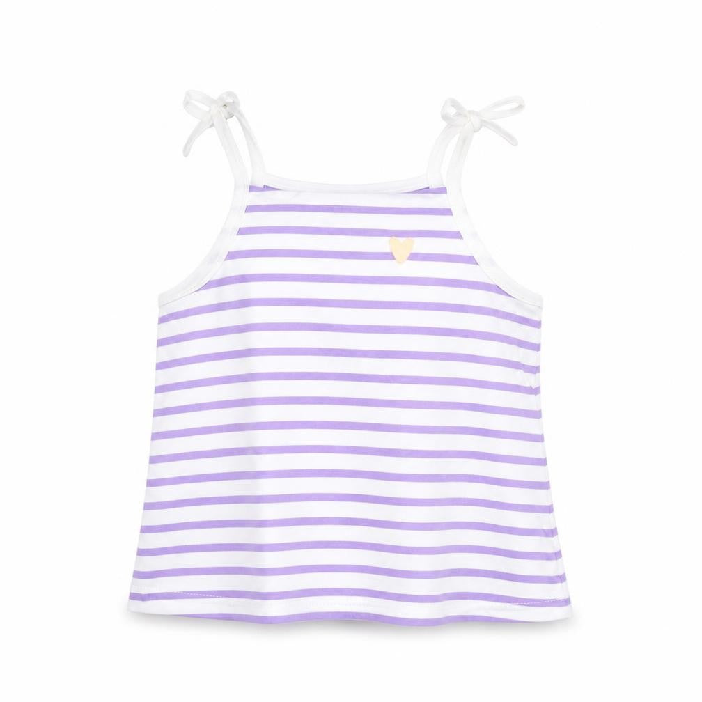 Front view of Marks & Spencer girls’ purple striped cotton basic tank, size 2-3, years square neck pullover