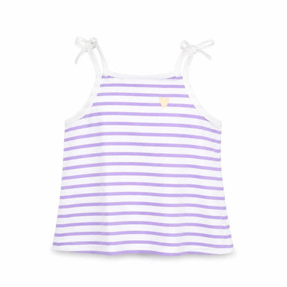 Front view of Marks & Spencer girls’ purple striped cotton basic tank, size 2-3, years square neck pullover