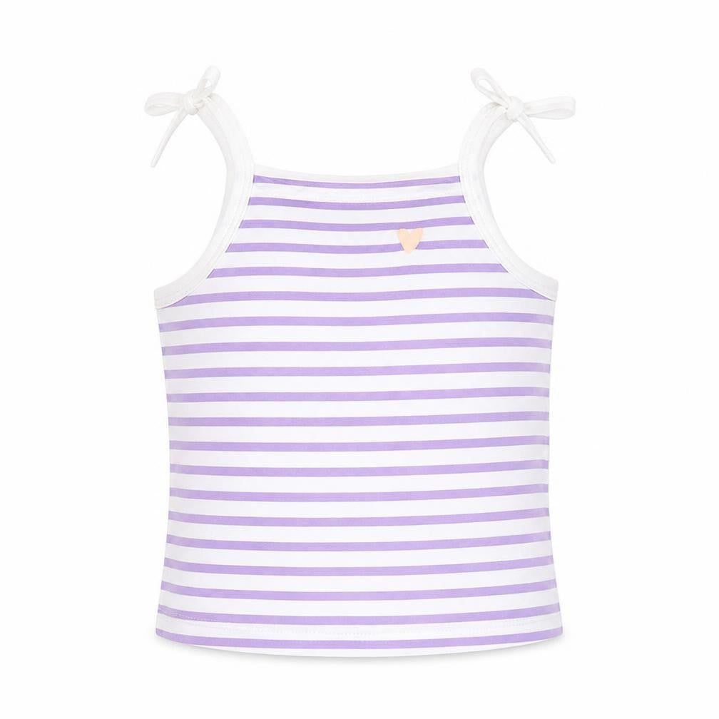 Front view of Marks & Spencer girls’ purple striped cotton basic tank, size 2-3, years square neck pullover