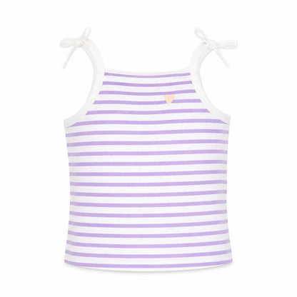 Front view of Marks & Spencer girls’ purple striped cotton basic tank, size 2-3, years square neck pullover