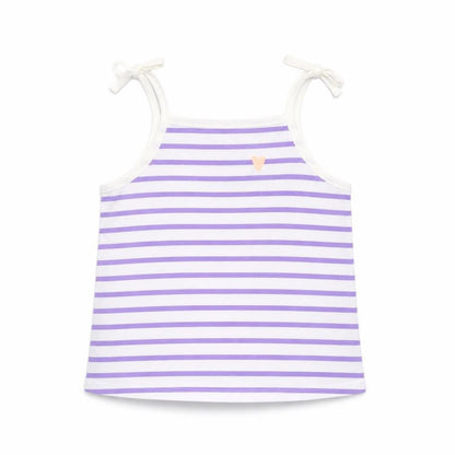 Front view of Marks & Spencer girls’ purple striped cotton basic tank, size 2-3, years square neck pullover