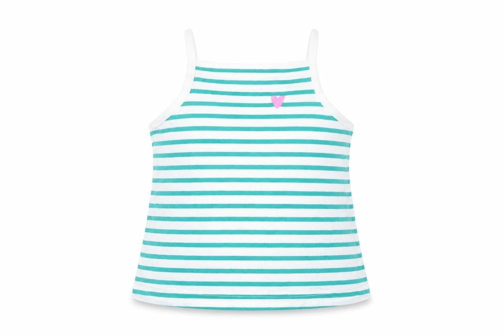 Front view of Marks & Spencer girls’ green striped cotton basic tank, size 2-3, years square neck pullover