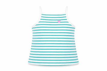 Front view of Marks & Spencer girls’ green striped cotton basic tank, size 2-3, years square neck pullover