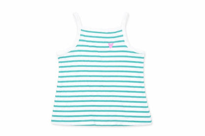 Front view of Marks & Spencer girls’ green striped cotton basic tank, size 2-3, years square neck pullover