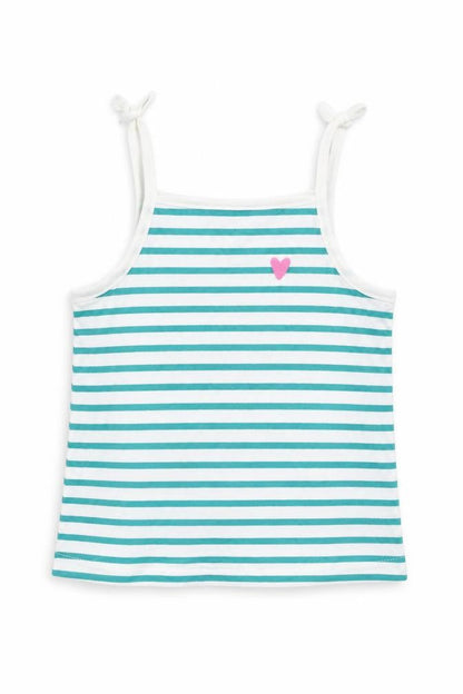 Front view of Marks & Spencer girls’ green striped cotton basic tank, size 3-4, years square neck pullover