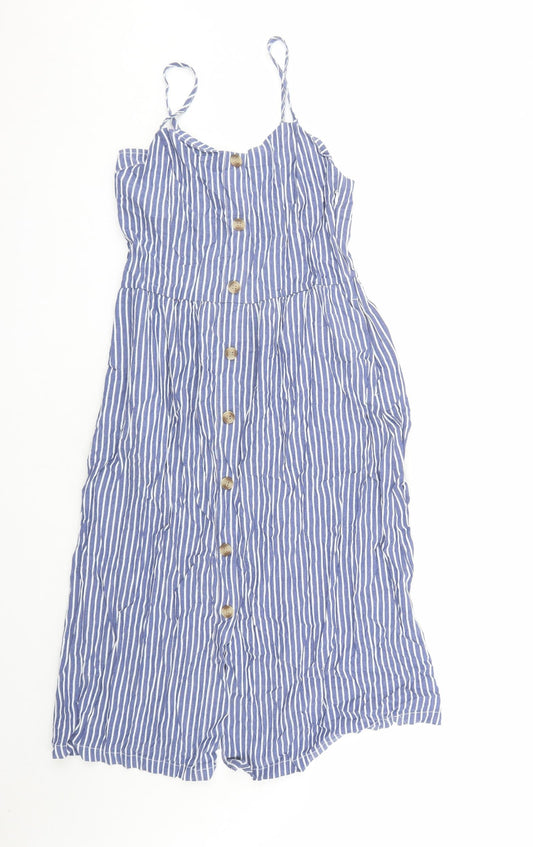 Only Womens Blue Striped Cotton Slip Dress Size 10 Round Neck Zip - Pockets
