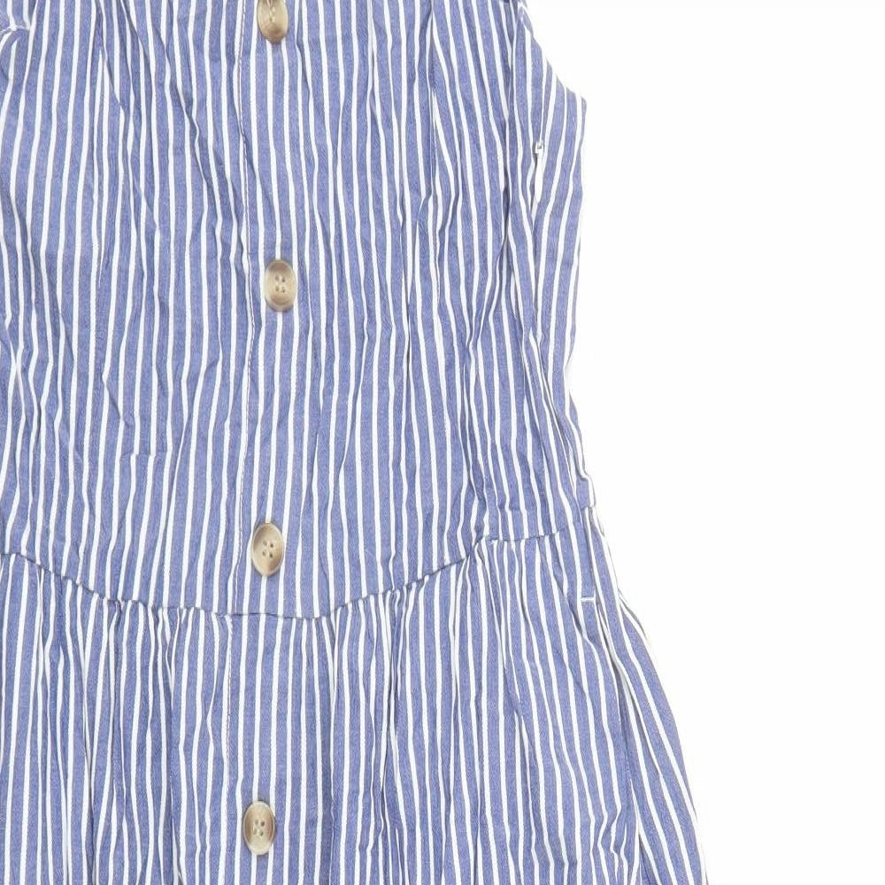 Only Womens Blue Striped Cotton Slip Dress Size 10 Round Neck Zip - Pockets