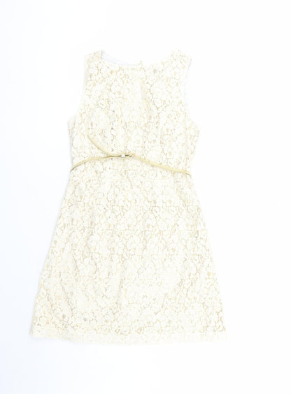Warehouse Womens Ivory Geometric Cotton A-Line Size 10 Round Neck Zip - Belted Gold Lining