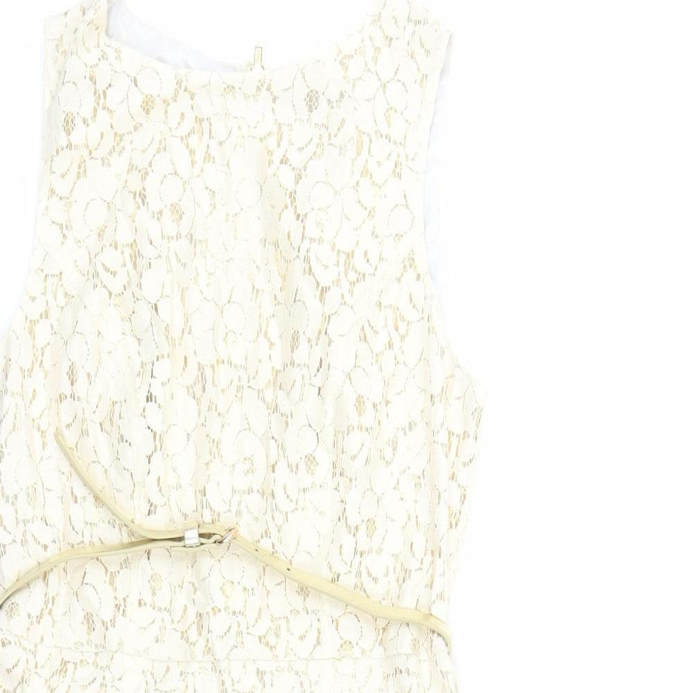 Warehouse Womens Ivory Geometric Cotton A-Line Size 10 Round Neck Zip - Belted Gold Lining