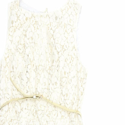 Warehouse Womens Ivory Geometric Cotton A-Line Size 10 Round Neck Zip - Belted Gold Lining