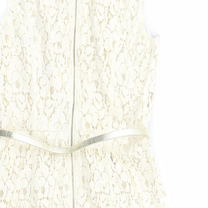 Warehouse Womens Ivory Geometric Cotton A-Line Size 10 Round Neck Zip - Belted Gold Lining