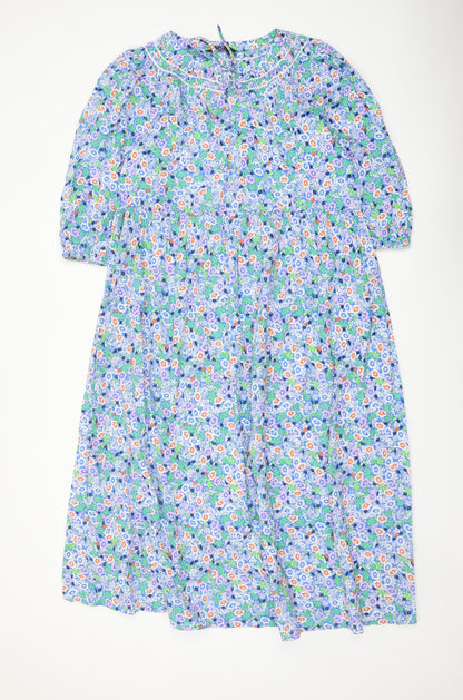 Marks and Spencer Womens Blue Floral Cotton A-Line Size 12 Round Neck Tie