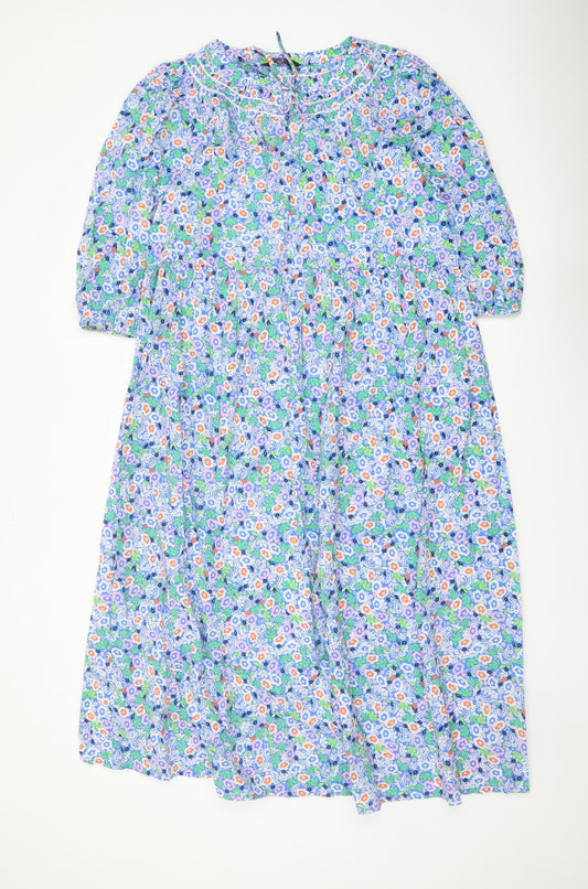 Marks and Spencer Womens Blue Floral Cotton A-Line Size 12 Round Neck Tie