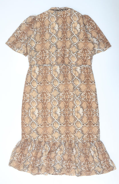 Marks and Spencer Womens Beige Animal Print Polyester Shirt Dress Size 10 Collared Button