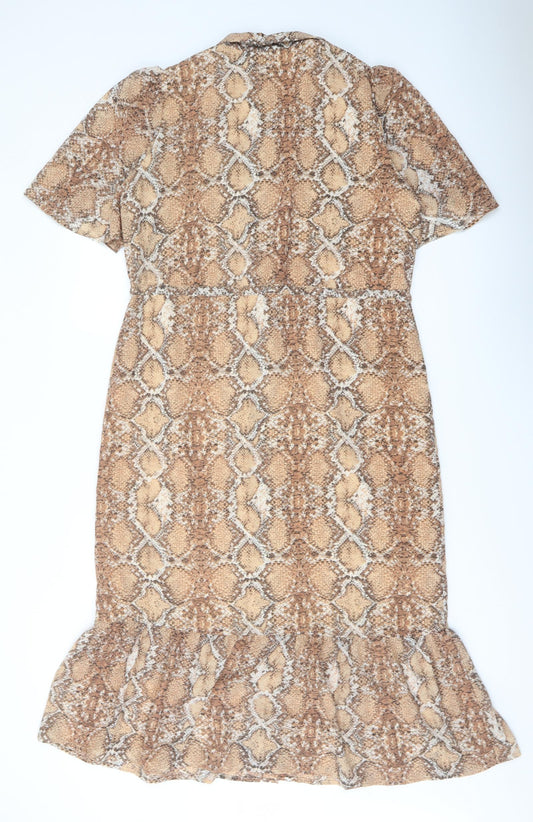 Marks and Spencer Womens Beige Animal Print Polyester Shirt Dress Size 10 Collared Button