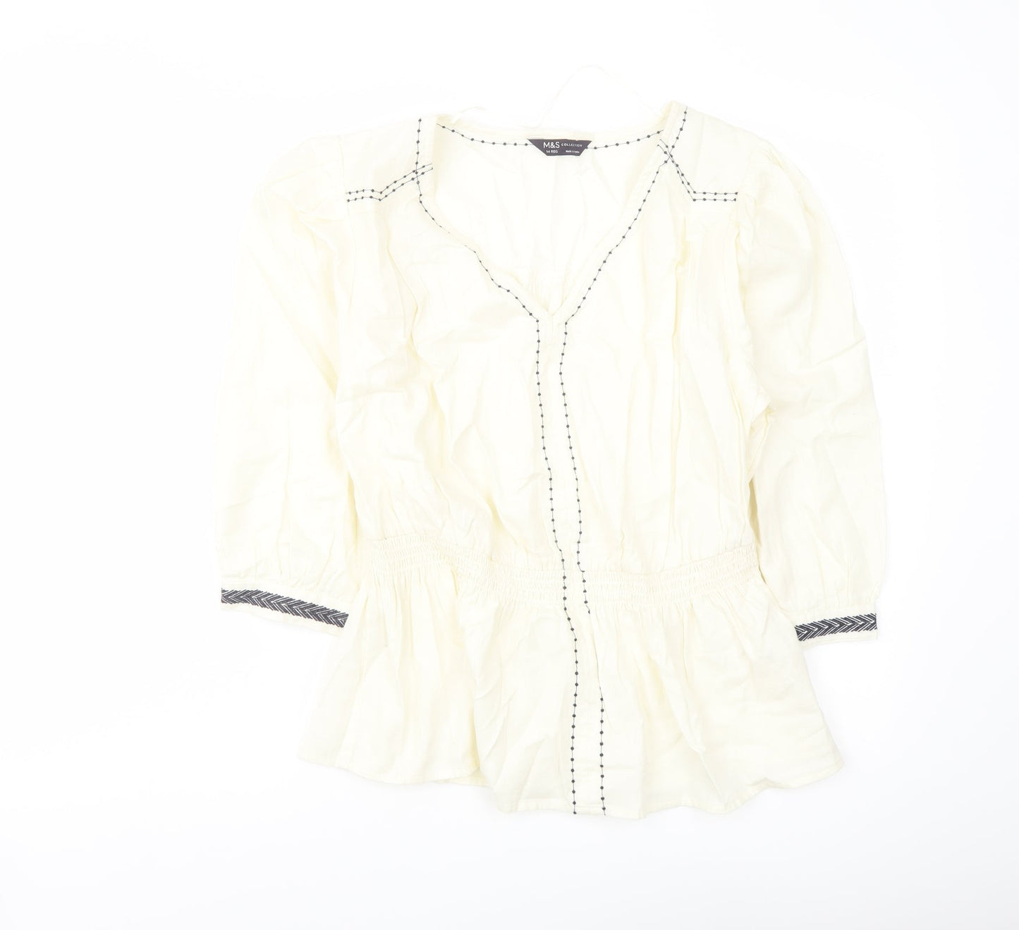 Marks and Spencer Womens Ivory Polyester Basic Blouse Size 14 V-Neck