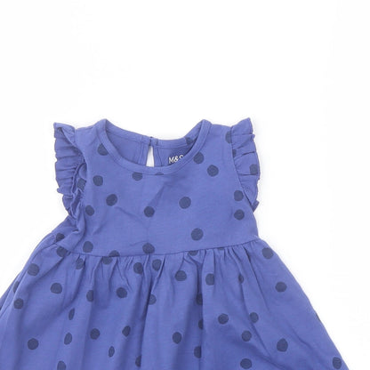 Marks and Spencer Girls Blue Polka Dot Cotton A-Line Size 3-6 Months Crew Neck Button