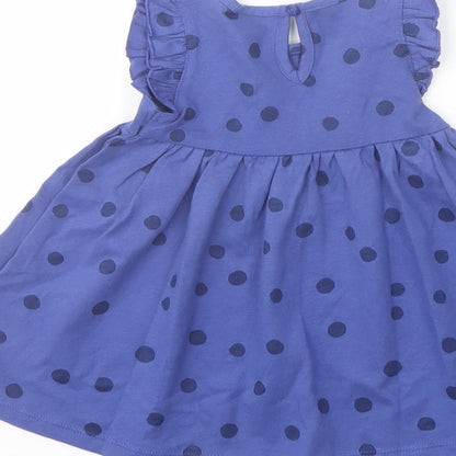 Marks and Spencer Girls Blue Polka Dot Cotton A-Line Size 3-6 Months Crew Neck Button