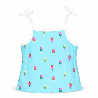 Front view of Marks & Spencer girls’ blue cotton basic tank, size 2-3, years square neck pullover - ice lolly print