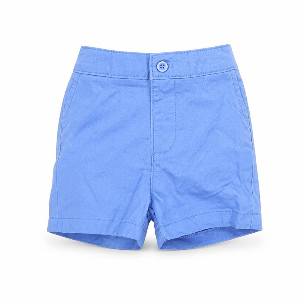 Front view of Marks & Spencer boys’ blue cotton cropped trousers, size 3-6, months button
