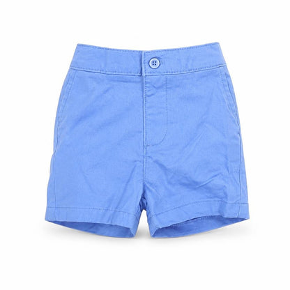 Front view of Marks & Spencer boys’ blue cotton cropped trousers, size 3-6, months button