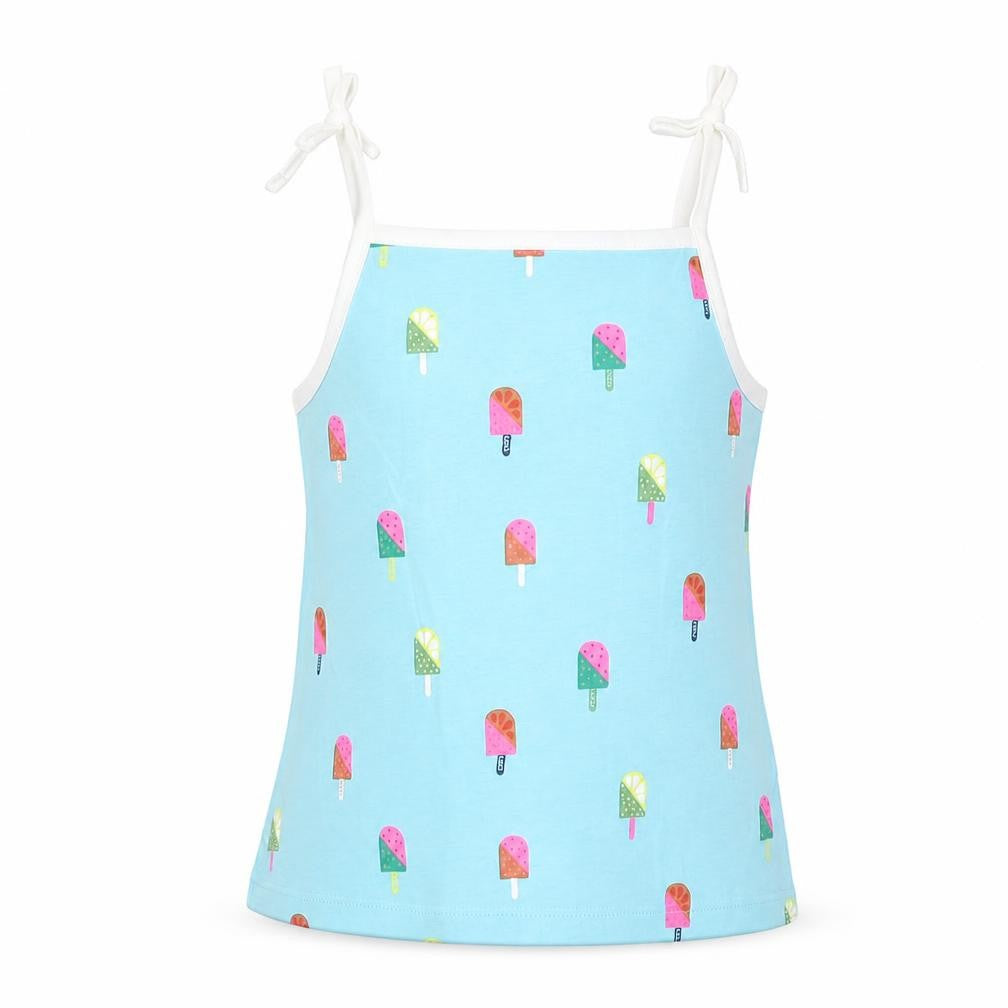 Front view of Marks & Spencer girls’ blue geometric cotton basic tank, size 2-3, years square neck pullover - ice lolly print