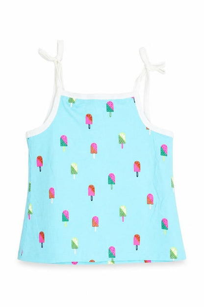 Front view of Marks & Spencer girls’ blue geometric cotton basic tank, size 2-3, years square neck pullover - ice lolly print