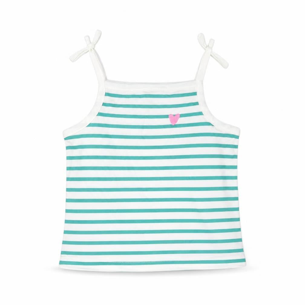 Front view of Marks & Spencer girls’ green striped cotton basic tank, years square neck pullover - embroidered heart