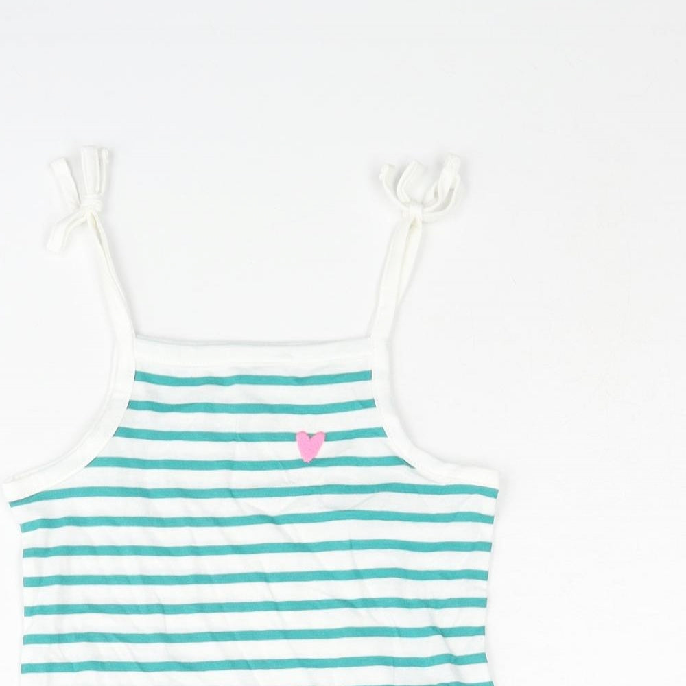 Marks and Spencer Girls Green Striped Cotton Basic Tank Size 2-3 Years Square Neck Pullover - Embroidered Heart