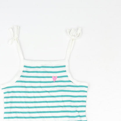 Marks and Spencer Girls Green Striped Cotton Basic Tank Size 2-3 Years Square Neck Pullover - Embroidered Heart