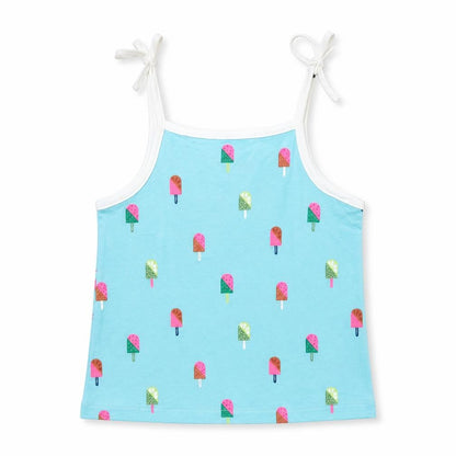 Front view of Marks & Spencer girls’ blue geometric cotton basic tank, size 2-3, years square neck pullover - ice lolly print