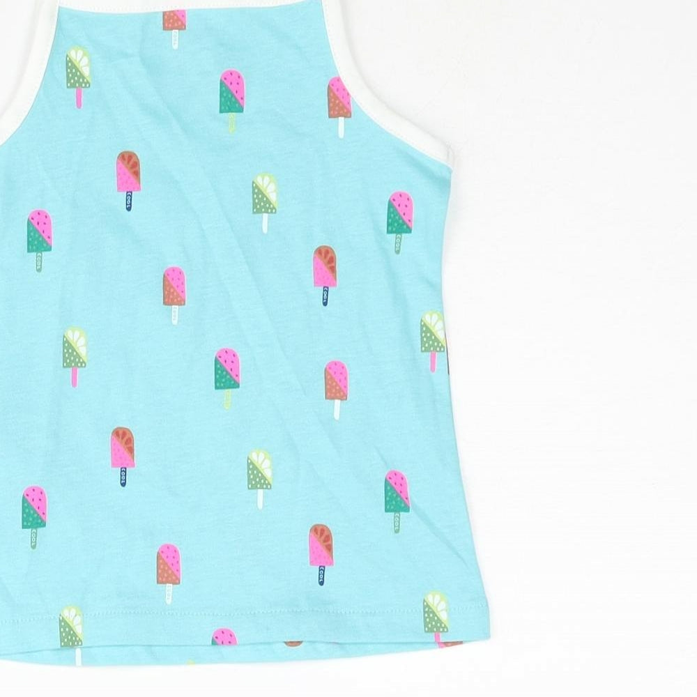 Marks and Spencer Girls Blue Geometric Cotton Basic Tank Size 2-3 Years Square Neck Pullover - Ice Lolly Print