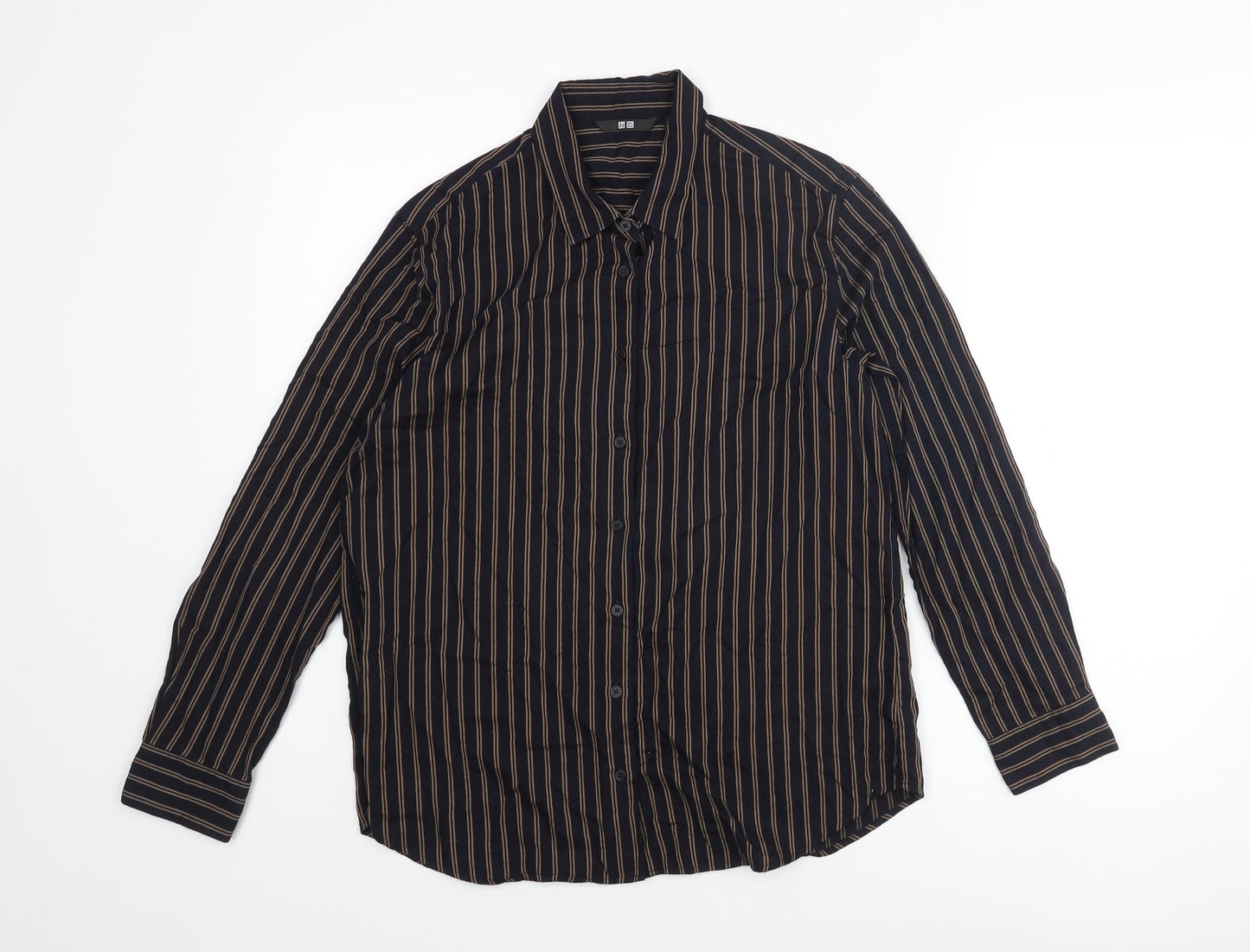 Uniqlo Mens Blue Striped Polyester Button-Up Size M Collared Button