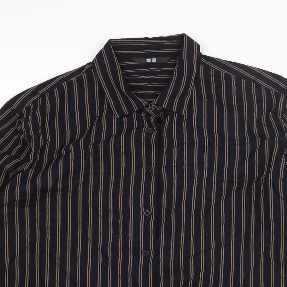 Uniqlo Mens Blue Striped Polyester Button-Up Size M Collared Button