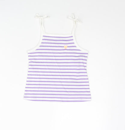 Marks and Spencer Girls Purple Striped Cotton Basic Tank Size 3-4 Years Square Neck Pullover - Embroidered Heart
