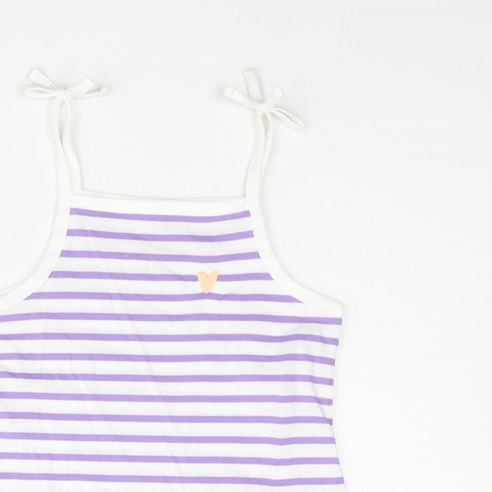 Marks and Spencer Girls Purple Striped Cotton Basic Tank Size 3-4 Years Square Neck Pullover - Embroidered Heart