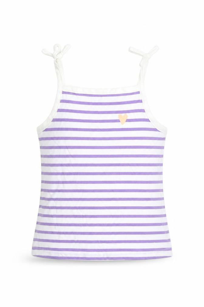 Front view of Marks & Spencer girls’ purple striped cotton basic tank, years square neck pullover - embroidered heart