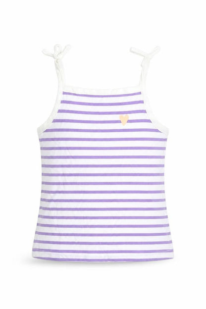 Front view of Marks & Spencer girls’ purple striped cotton basic tank, years square neck pullover - embroidered heart
