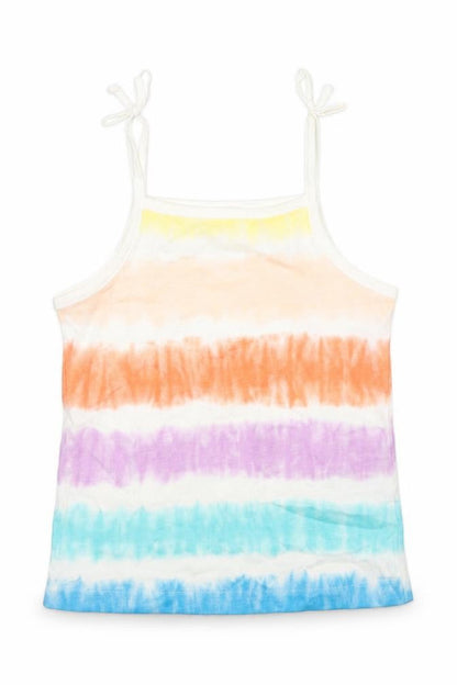 Front view of Marks & Spencer girls’ multicoloured striped cotton basic tank, size 4-5, years square neck pullover