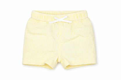 Front view of Marks & Spencer boys’ yellow striped polyester cropped trousers, size 6-9, months drawstring - swim shorts