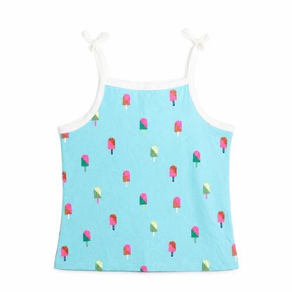 Front view of Marks & Spencer girls’ blue geometric cotton basic tank, size 3, years square neck pullover - ice lolly print