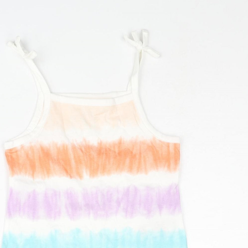 Close-up detail of Marks & Spencer girls’ multicoloured striped cotton basic tank, size 2-3, years square neck pullover