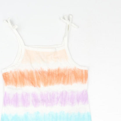 Close-up detail of Marks & Spencer girls’ multicoloured striped cotton basic tank, size 2-3, years square neck pullover